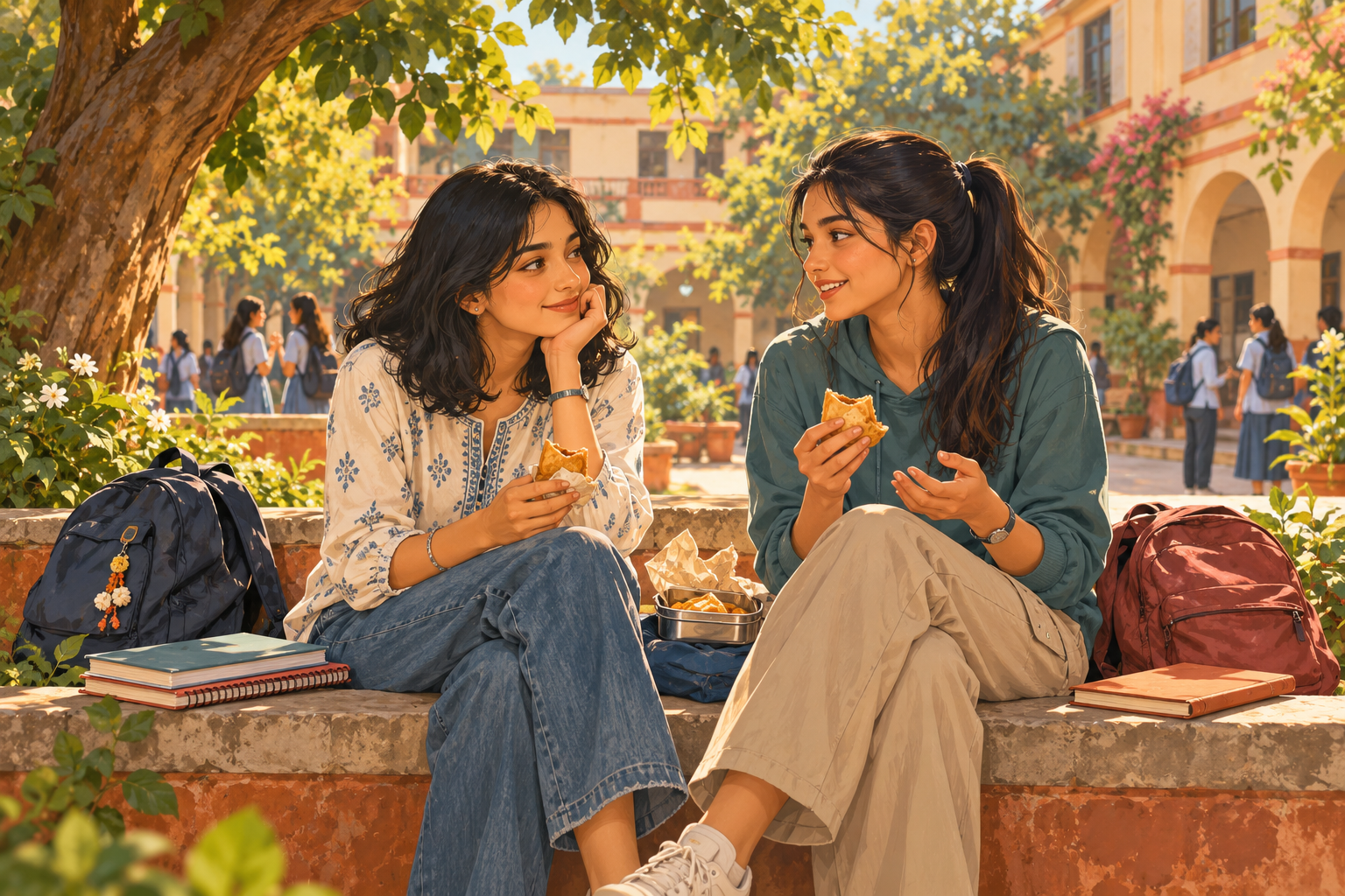 Illustration of two teenage friends sharing a snack and talking in a school courtyard.