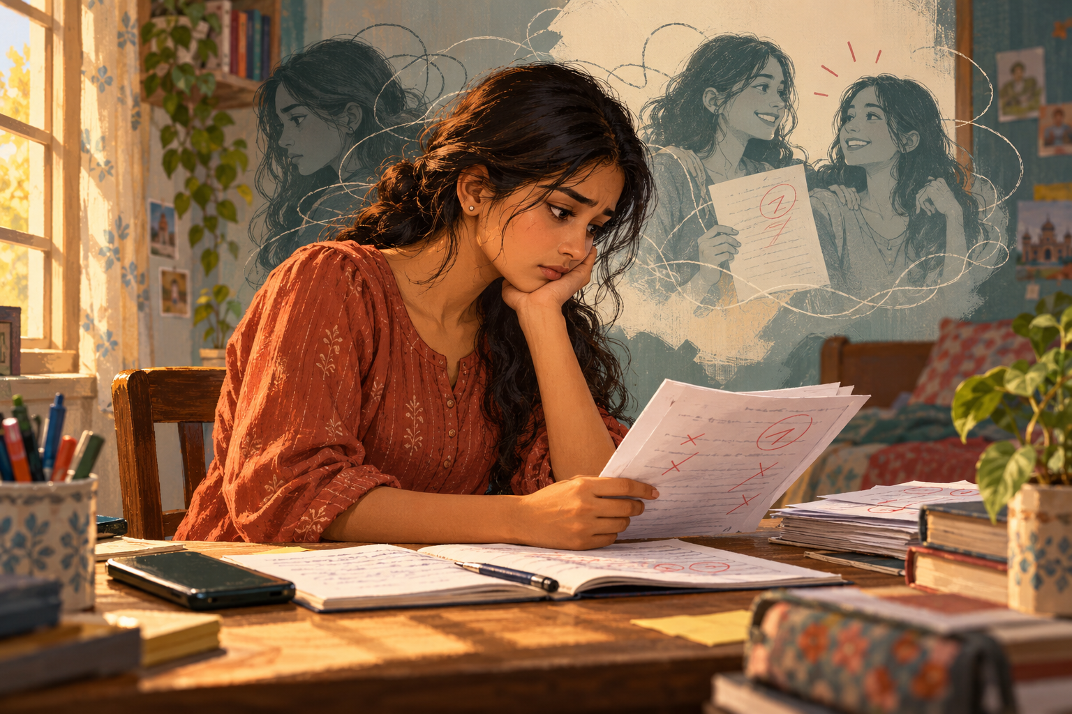 Illustration of a teenage student reflecting on exam results and comparing herself with friends.